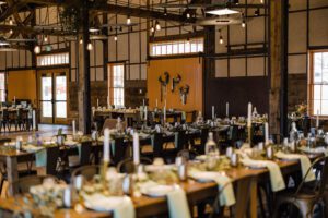 FREIGHT main hall with 32-foot ceilings, historic trusses, and custom chandeliers