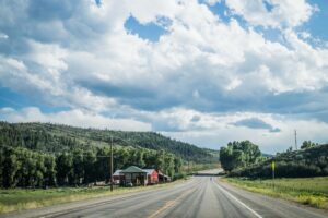 Scenic mountain highway through the Colorado Rockies foothills